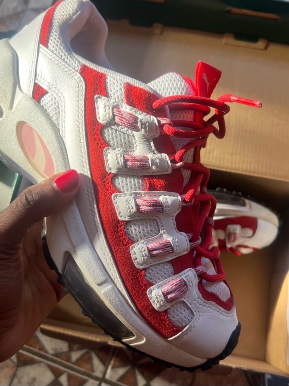 Puma Women’s Red and White Lace-Up Mesh Sneakers